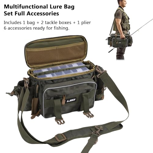 Fishing Tackle Bag with 2 Storage Boxes - watertight Shoulder Bag with Adjustable Straps, 23-Tray Organizer for Lures, Hooks & Fishing Gear Accessories (Green) - color: Green