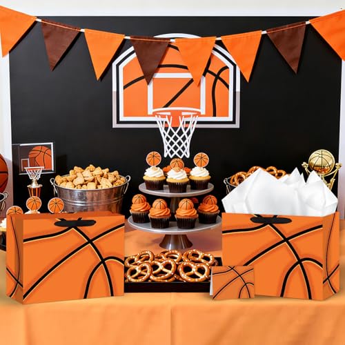 Hooqict Large Basketball Gift Bag Basketball Birthday Gift Wrap Bag with Handles, Tissue Paper, Greeting Cards for Kids Boys Men Sports Themed Goodie Treat Party Favors - color: Basketball