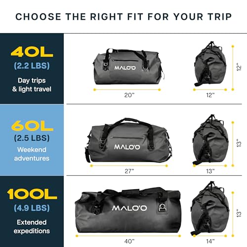 Malo’o Waterproof Dry Duffel, Heavy-Duty Roll Top Waterproof Gear Bag with Shoulder Strap & Molle Loops, Marine Duffel for Kayaking, Boating, Camping, Beach & Travel, Black, 40L