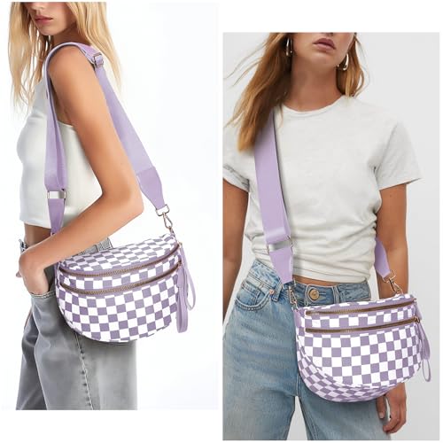 Checkered Crossbody Bum Bags for Women Nylon Checkered Purse Checkerboard Fanny Pack - color: A10-light Purple