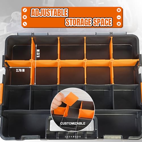 Jack Boss Tool Box with Transparent Lid, Single Side 17-Compartments Organizer Box with Removable Dividers for Hardware, Screws, Bolts, Nails, Beads, Jewelry and Fishing Accessories, Orange, 2 Pack - color: Orange, size: 2-PCS
