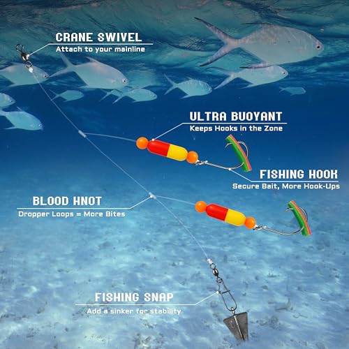 Pompano Rig Saltwater Surf Fishing Rigs – Double Drop Leader Rigs with Hooks, Floats, Beads & Snap – Easy Pre-Tied Terminal Tackle for Pompano, Whiting, Redfish - color: Assorted Colors–K, size: 12 Pack