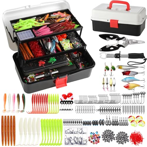 517 Pcs Large 3 Layers Tackle Box with Tackle Fishing Lures Kit Included Pliers, Fish Lip Gripper, Crankbait, Hooks, Other Accessories Fishing Kit for Men Gifts Summer Vacation(Black White) - color: Black White