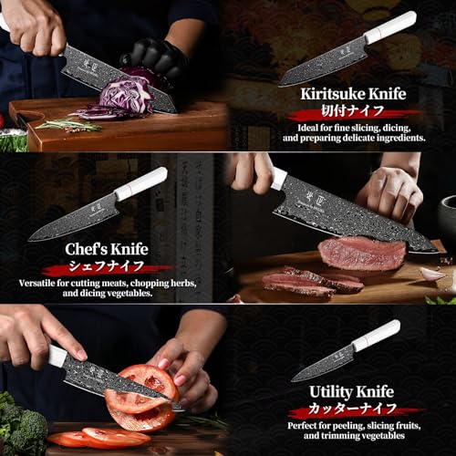 DRGSKL Japanese Knife Set Damascus - VG10 Kitchen Knife Set 3 PCS for Fruit, Vegetables, Fish and Meat - Japanese G10 Handle - Gifts for Men and Women - size: 8.2 inch