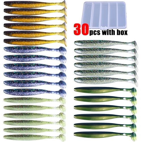 Fishing Soft Plastic Lures, Paddle Tail Swim Baits for Bass Fishing,Paddle Tail Swimbaits for for Bass Trout Walleye Lures, 30/50pcs Soft Plastic Baits with Box - color: C:3.54in/0.148oz-30pcs