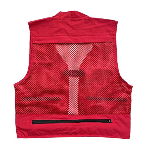 Men Mesh Breathable Multi-Pocket Vest Outdoor Travelers Fly Fishing Photography - color: Red, size: Large