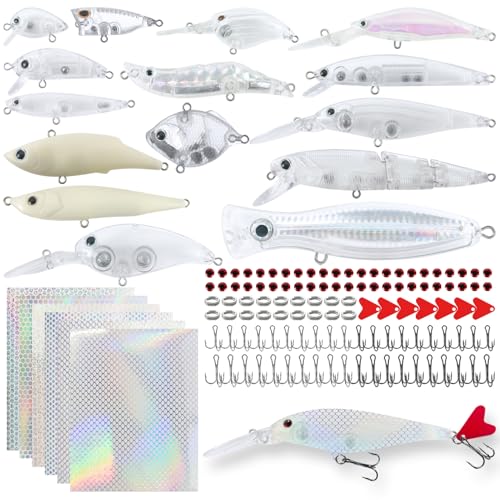 207Pcs Unpainted Fishing Lures Making Kit DIY Blank Jerkbait Crankbaits Minnow Hard Bait Set Include Treble Hook Split Rings Lure 3D Eyes Stickers