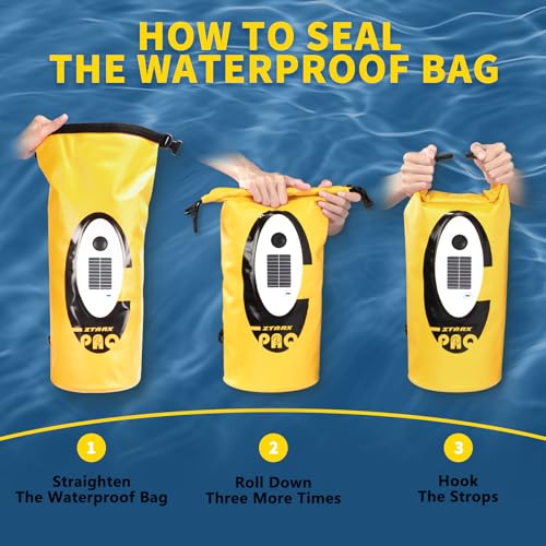 FELICON Waterproof Dry Bag Backpack with Bluetooth Speaker, 10L Roll Top Floating Sack, Solar & USB-C Powered Emergency Charger, RGB Light, Heavy Duty PVC for Kayaking Camping, Yellow - color: Yellow, size: 10L