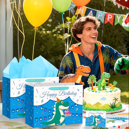 Hooqict Large Dinosaur Gift Bag with Handles, Tissue Paper and Greeting Card Blue Dinosaur Happy Birthday Party Bag for Boys Kids Goodie Treat Candy Party Favors - color: Dinosaur