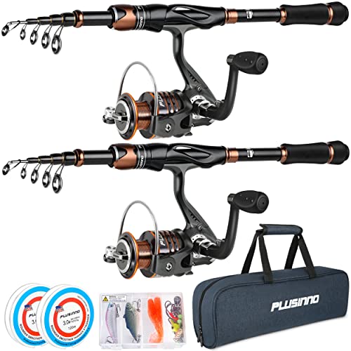 PLUSINNO Fishing Rod and Reel Combos, Bronze Warrior Toray IM6 Carbon Matrix Telescopic Fishing Rod Pole, 12 +1 Shielded Bearings Stainless Steel BB Spinning Reel, Travel Freshwater Fishing Gear - color: 2PACK Full Kit with Carrier Case, size: 2.10M / 6.8