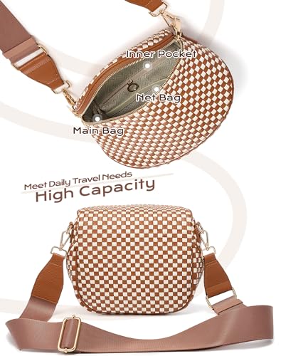 Trendy Woven Checkered Crossbody Bum Bag for Women，PU Leather Checkered Purse Fanny Packs Belt Bag (Woven Bum Bag - Brown White) - color: Woven Bum Bag - Brown White