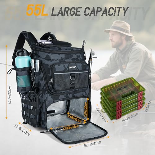 Goture Fishing Backpack with 4 Tackle Boxes, 900D Water-Resistant Tackle Backpack with Rod Holders,Insulated Cooler Compartment, 55L Large Capacity Fishing Gear Storage Bag for Saltwater & Freshwater - color: A3:camo(4 Tackle Boxes Included)