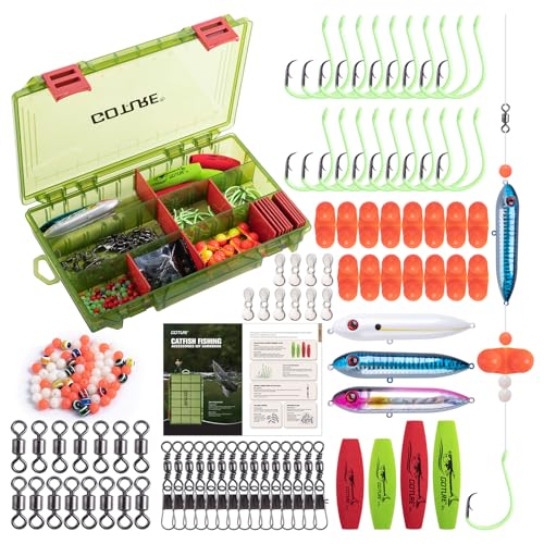 Goture Catfish Rig Making Kit,274pcs/300pcs Catfishing Tackle with Luminous Fishing Hook Swivel Sinker Weights Rattle Float Bobber Stoppers,Catfish Rigs Accessories with 3600 Tackle Box,Gifts for Men - color: C1:153pcs Catfishing Tackle