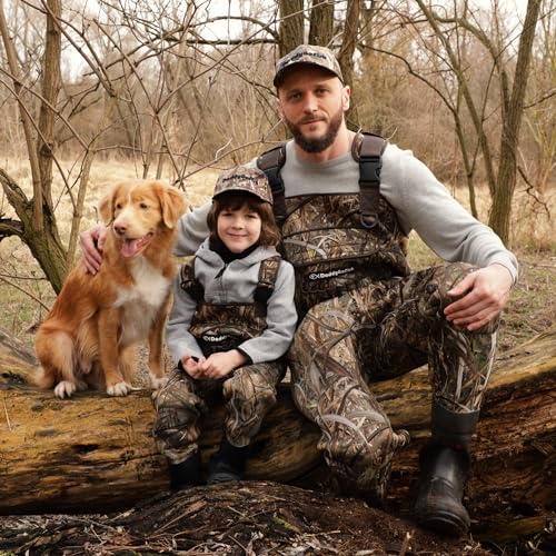 DaddyGoFish Neoprene Chest Waders for Kids and Adults, BootFoot, Fishing & Hunting with a Camouflage Caps, and a Wader Hanger - size: Age 10/11 Big Kid