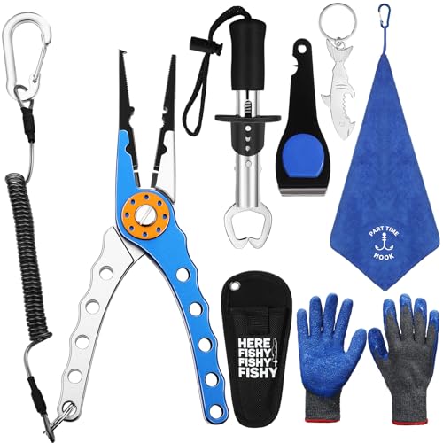 VioraWhite 8 Pieces Fishing Tools Kit Fish Hook Remover Set Include Fishing Pliers Lip Gripper Multifunction Scissors Gloves Towel Keychain Hook for Men Women Gifts - color: Blue
