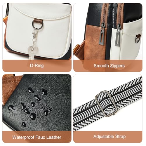 LATMAP 7L Sling Bag for Women Men Crossbody Belt Bag Small Travel Sling Backpack Anti Theft Chest Daypack Purse Faux Leather - color: Black and Beige With Brown