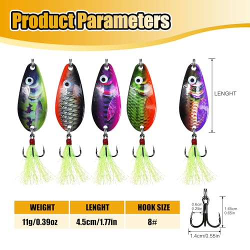 Fishing Spoons, Wide-Body Trolling Spoons with Treble Hooks for Bass, Trout, Pike, Walleye, Catfish Fishing Spoon Lures 5-Pack - color: 3/8oz feathered treble hook spoons
