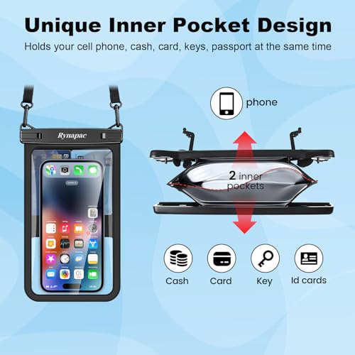 Rynapac Large Waterproof Phone Pouch [Up to 8.5"] - 2 Pack IPX8 Waterproof Phone Case for iPhone 17 16 15 Pro Max Galaxy S26 Ultra, Touchscreen & Underwater Photography, Beach Cruise Essentials 2026 - color: [Black + Pink] Large Waterproof Phone Pouch, si