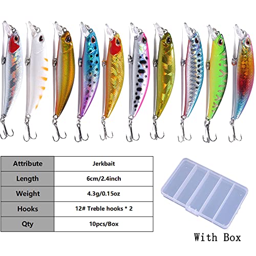 Jerkbait Fishing Lures Jerk Baits for Bass Fishing Jerk Bait Minnow Lures with Tackle Box for Freshwater Saltwater,10pcs - color: C-2.4in/0.16oz-10pcs