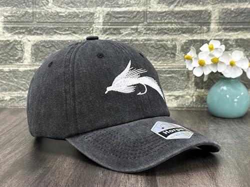 Fishing Baseball Cap for Men Women, Adjustable Embroidered Hat | Fishing Gear, Outdoor Adventure Design, Precision Embroidery Craft, One Size Adjustable Fit - color: Fly Fishing Lures (Washed Black)