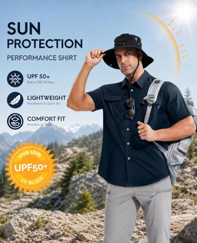 Haimont Men's UPF 50+ Short Sleeve Hiking Button Down Shirt | Quick-Dry Stretch, Mesh Back Vents, Rod Holder & Sunglasses Loops, Outdoor & Travel - color: Dark Blue, size: Medium