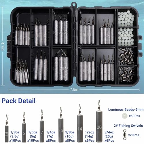 48Pcs Drop Shot Weights Set, Slim Pencil Style | Lead Fishing Weights Sinkers Kit, Dropshot Rigging, 6 Sizes Assorted, Includes Barrel Swivel and Rig Beads