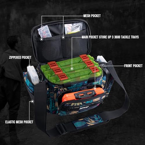 Goture Fishing Tackle Bag with 3pcs 3600 Green Tackle Boxes,600D Water-Resistant Soft Side Cross Body Sling Fishing Bag, Small Saltwater Gear Storage Tactical Bags, Gifts for Men/Women - color: A1:Blue Leaf with 3 Green Tackle Boxes, size: Small