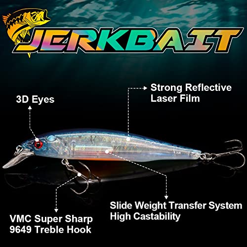 XFISHMAN Jerkbait Kit - Minnow Lure - Suspending - Bass, Smallmouth Bass, Walleye, Largemouth Bass - 1 Piece - color: Gp-Pro-Blue, size: 110mm（4-3/8"in）