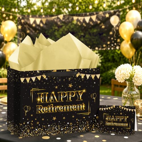 Hooqict Large Retirement Gift Bag Black Gold Happy Retirement Gift Wrap Bag with Handles, Tissue Paper, Greeting Card for Men Women Teacher Office Coworker Farewell Going Away Party Favors - color: Retirement