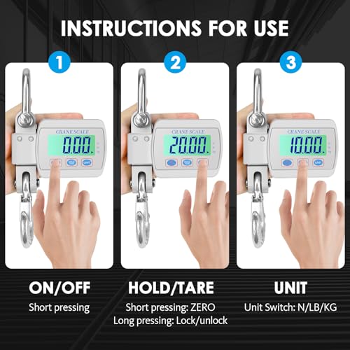 1100lbs 500kg Digital Crane Scale, Heavy Duty Hanging Scale with Backlit LCD, Tare, Unit Change Functions for Industrial Factory, Farm, Construction - color: White
