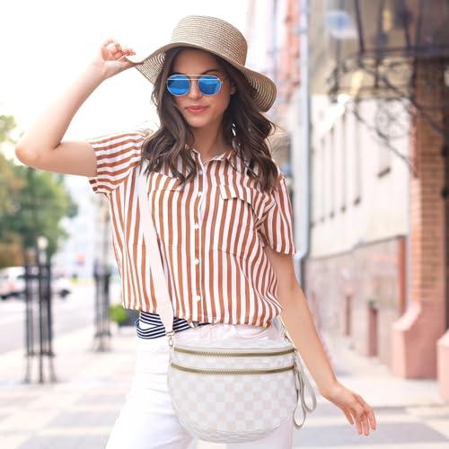 Pure Colour Crossbody Bum Bags for Women Spacious Checkered Cross body Bag Nylon Trendy Fanny Pack for Travel - color: Beige Checkered