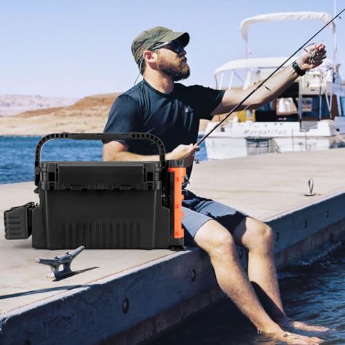 2 Tier Fishing Tackle Box Fishing Rod Reel Box with Cup & Rod Holder Fishing Gear Carry On Case Adjustable Fishing Organizer Case Large Capacity Fishing Accessories