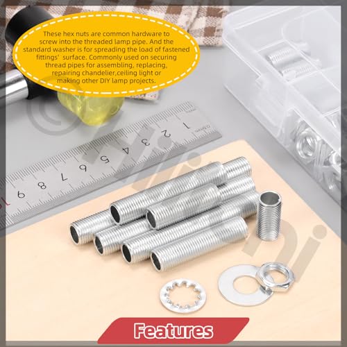 Hilitchi 140PCS M10 Lamp Pipe Nipple Hollow Lamps Repair Part Hardware Hollow Lamp Rod Assortment Kit Includes Flat Washer Teeth Washer Hex Nuts for Light Fittings Outdoor Lamps