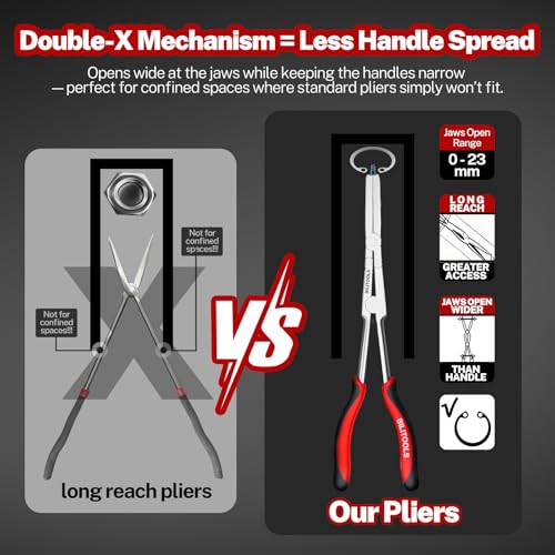 BILITOOLS 13" Extra Long Reach External Snap Ring Pliers, Double Joint Circlip Pliers for Tight Spaces, Wide Jaw Opening with Minimal Handle Spread for Automotive Removal Tool