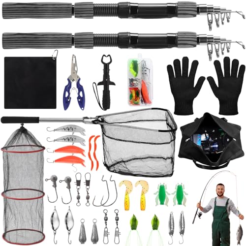 51 Pcs Fishing Rods Combo 6.89ft Telescopic Freshwater Pole Set with Plier Lip Gripper Lures Carrier Bag Pre Loaded Spinning Reel with Freshwater Rod Reel Kit Father Men Gift - color: Brown