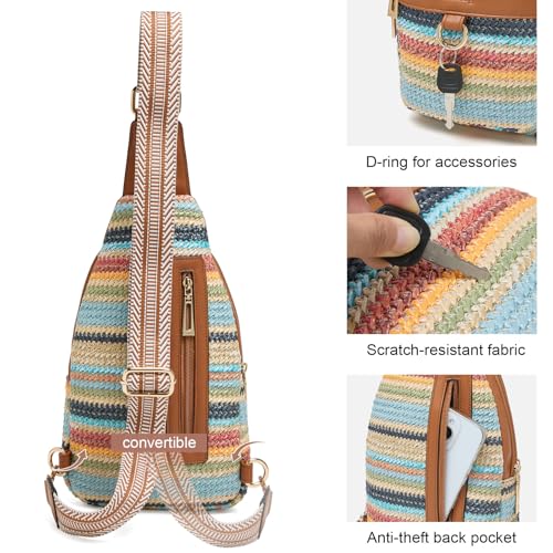 cakang Womens Sling Bag Crossbody Bags for Women Vegan Leather Sling Backpack Daypack Fanny Pack Crossbody Purse Travel - color: 7-rainbow Weaving-brown