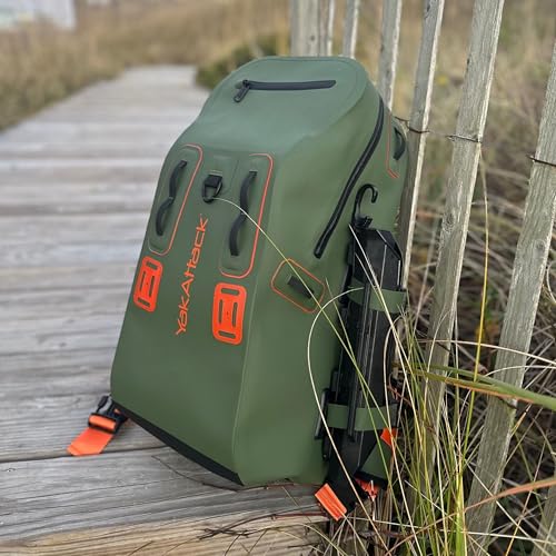 YakAttack 28L DryPak Waterproof Backpack with 2 Attachable Fishing Rod Holders – Green/Orange | Floating Marine Dry Bag Pack with Padded Straps | Lightweight Hiking & Kayaking Gear & Storage Drybag - color: Green/Orange, style: Drypak With Tether Tubes