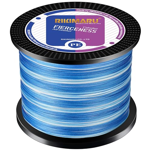 RIKIMARU Braided Fishing Line Abrasion Resistant Superline Zero Stretch&Low Memory Extra Thin Diameter 327-1094 Yds, 4-180LB - color: Blue Camou, size: 1094 Yds/0.25mm/30LB