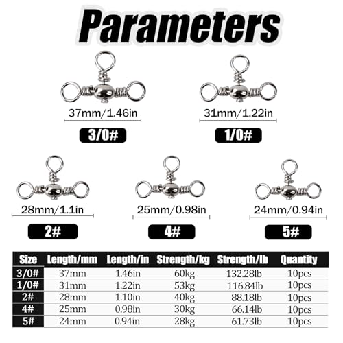 50pcs 3 Ways Ball Bearing Swivels FS/ZH-04 | Fishing Terminal Tackle Kit, Barrel Swivels Fishing Tackle Kit,for Crankbaits Sinker Weights, Connectors Saltwater - color: Silver, size: 4#+5#+2#+1/0#+3/0#