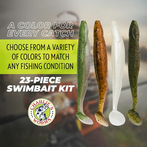 Charlie's Worms Bass Lures Freshwater Fishing Lure - Scented Artificial Softbait for Freshwater & Saltwater Bass Fishing, Swimbait, Softbait - style: Swim Bait Lil Zipper Dipper (23-piece)