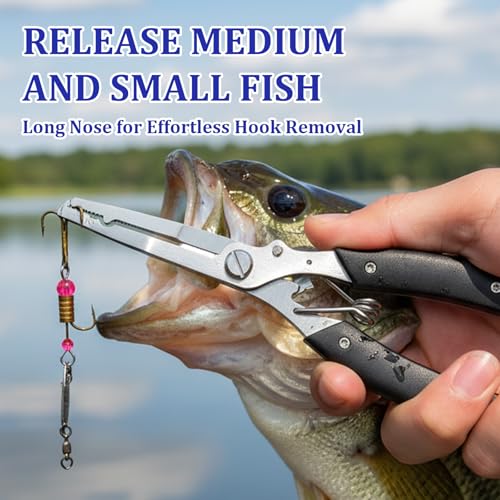 Stainless Steel Fishing Pliers Fishing Hook Remover Needle Nose Pliers Line Cutter Plier with Lanyard Multi-Function Braid Cutter Lockable Handy Fish Tool with Storage Bag For Men Saltwater Freshwater
