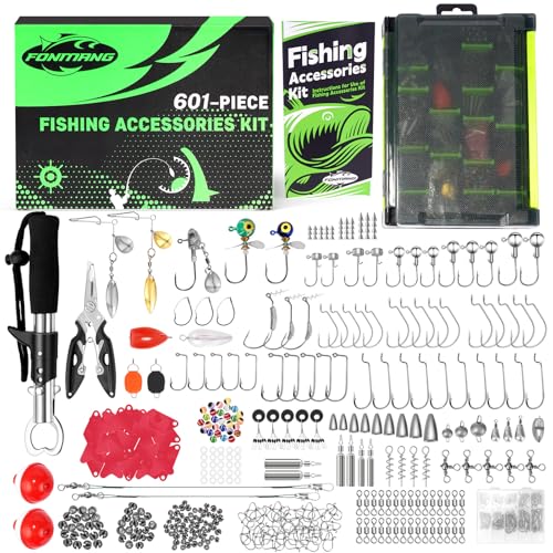 FONMANG 322-Piece Fishing Lures Kit - Buzz Bait/Spinner Baits/Jig/Frog, Fishing Tackle Box with Tackle Included, Soft Bait/Hooks/Weights, Fishing Gear Lure Kit Gift for Men Freshwater Bass Trout - color: E2-601pcs Fishing Kit