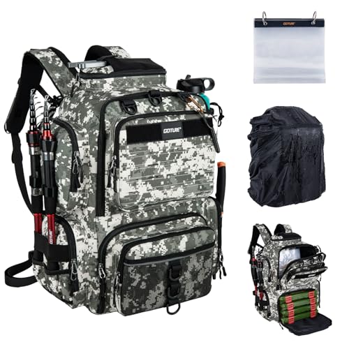 Goture Fishing Backpack,900D Water-Resistant Tackle Backpack with Rod Holders, SBS Zippers,45L Large Fishing Bag Storage Gear Tackle Bag with Rain Cover, Bottle Holder for Travel Camping Hiking - color: A1:72# Camo(Only Bag), size: Without Tackle Boxes