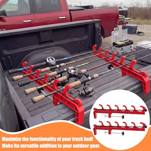 2 Sets Truck Bed Fishing Rod Holder, Fishing Pole Rack for Truck Holds 4 Rods, Fits 2.36" Thick Rails, Easy Install Kayak & Fly Rod Storage Stand - color: Red, style: 6 Holes