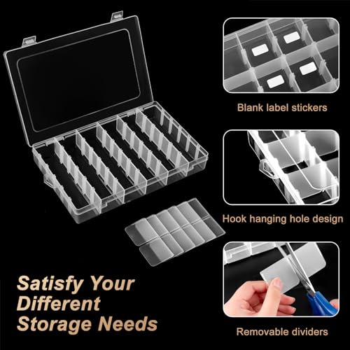 Mauproy 18 Grids Large Plastic Organizer Box with Adjustable Dividers, Clear Compartment Storage Container Tackle Box with Label Stickers for Beads, Crafts, Jewelries, Tools - style: Large 18 Grids