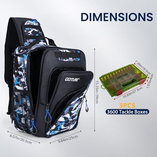 Goture Camouflage Fishing Tackle Bag, 1680D Water-Resistant Sling Fishing Backpack with Rod Holder, Anti-Slip Waist Strap, Tackle Bag with 3 3600 Trays, Fishing Gifts for Men Saltwater Freshwater - color: Blue Camouflage, style: 1680d Double-strand Pu Bac