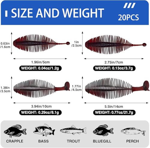 Eupheng 20PCS Soft Plastic Swimbait, Ribbed Plastic Baits with Tickle/Paddle Tail, Fishing Worms Bionic Soft Leech Fishing Minnow Bait for Bass, Pike, Trout, Walleye - color: Dark Green, size: 7cm(2.75inch)