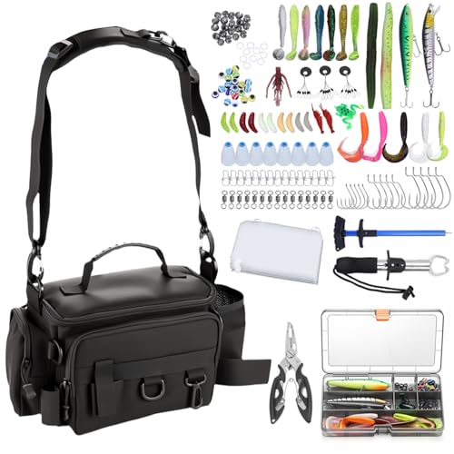 Fishing Tackle Bags with Tackle Box,Waterproof,Padded Shoulder Strap,Gear Storage,Fish Bag with 136 Pcs Fishing Lures Kit,Fish Hook Remover Tool,Fish Lip Gripper,Fishing Plier,Gifts for Men (Black) - color: Black