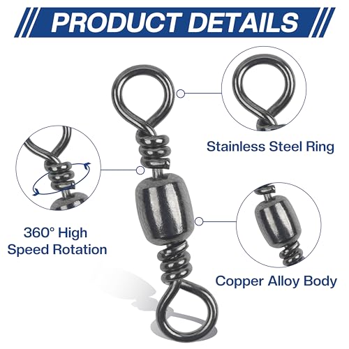 Fishing Barrel Swivels, 200pcs Rolling Ball Bearing Swivels with Solid Ring Fishing Tackle Accessories Hook Line Connector Copper with Stainless Steel Black & Gold Size 2 4 6 8 10