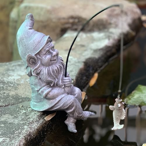 Garden Gnome Pond Statue Decoration, Fishing Gnome Garden Statue Outdoor Koi Pond or Waterfall Decor, 9.7" Stone Gnome Fishing Poolside Statue, Elf Pond Statue, Great Gifts & Housewarming for Mom - color: Gnome Fishing （stone）